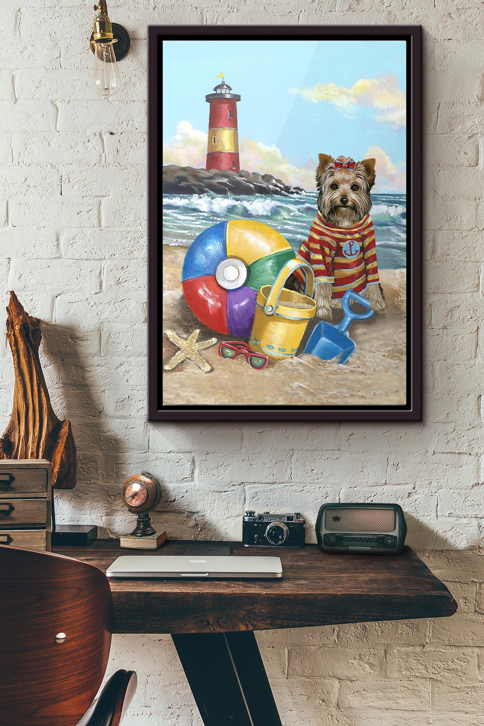 Yorkshire Terrier Puppy Play On The Beach Poster Framed Matte Canvas