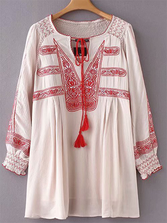 Boho Summer Embroidery Dress Women Vintage V-neck Long Sleeve Tassel Mini Dresses Loose Casual Cotton Dress With Lining Vestidos alx