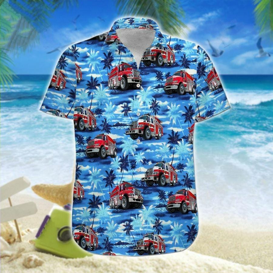 Hawaii Aloha Shirts Fire Truck Firefighter Blue Palm Tree Ha101213