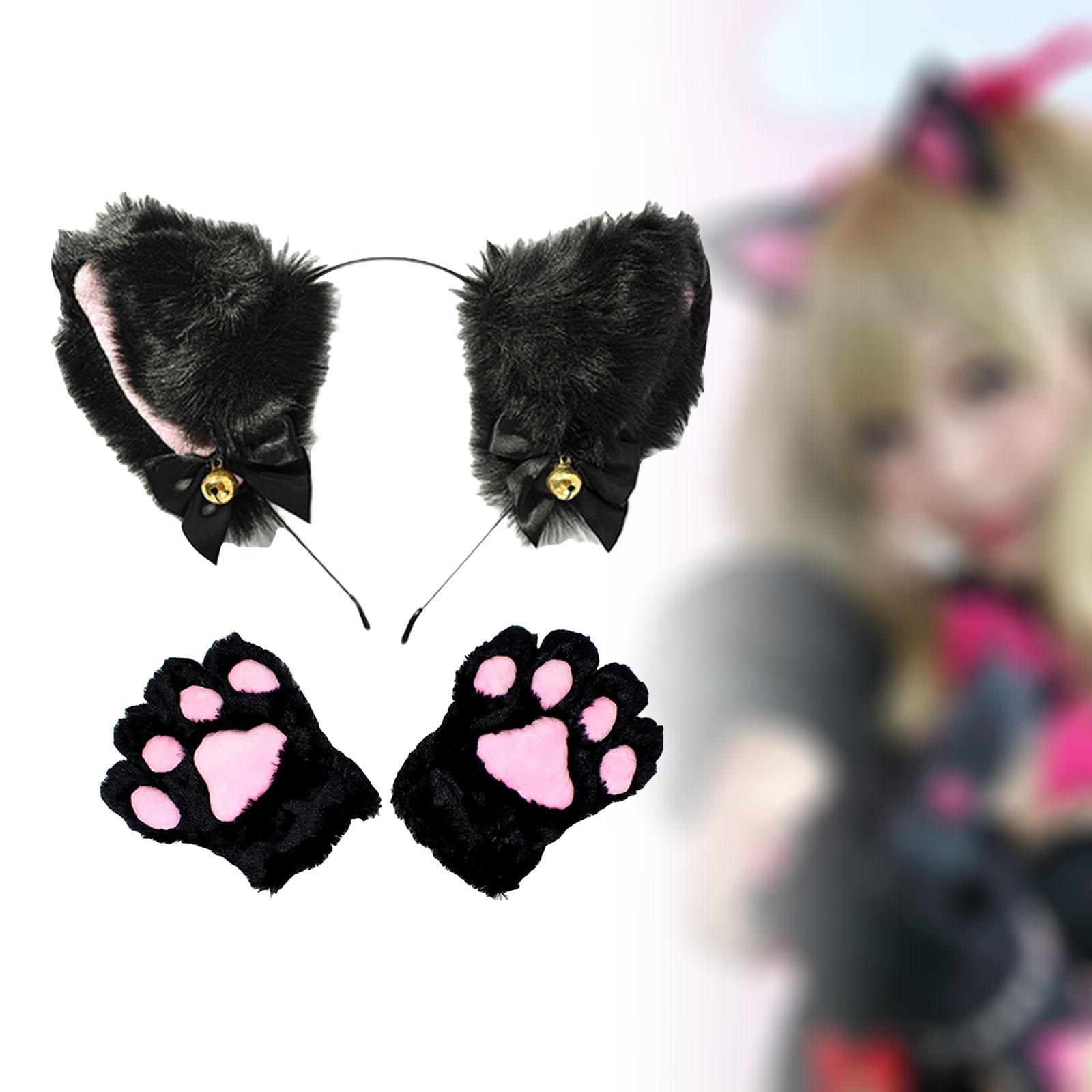 1Set Cat Ear Headband with Bells Plush Cat Ears Headwear and Mittens Fancy Dress for Women Girls Party Cosplay Accessories alx