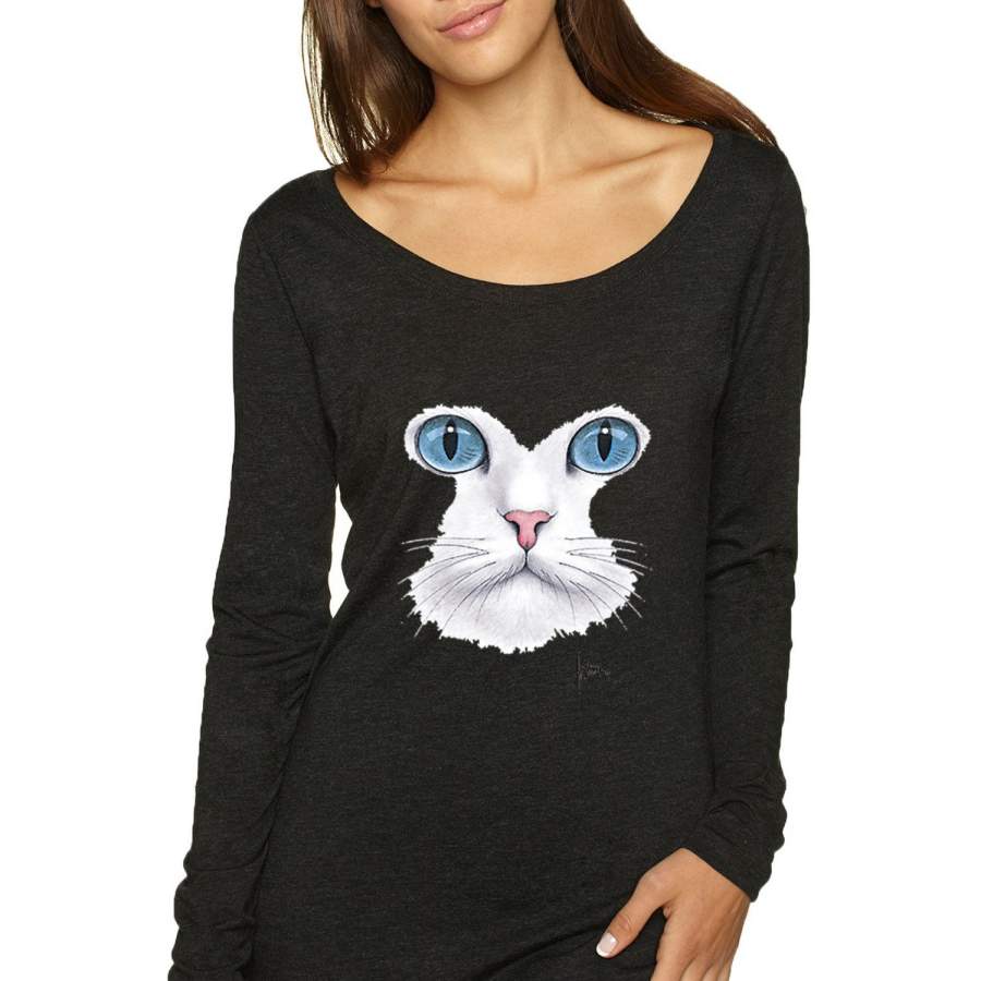 White Cat Face Animal Lover Womens Scoop Long Sleeve Top