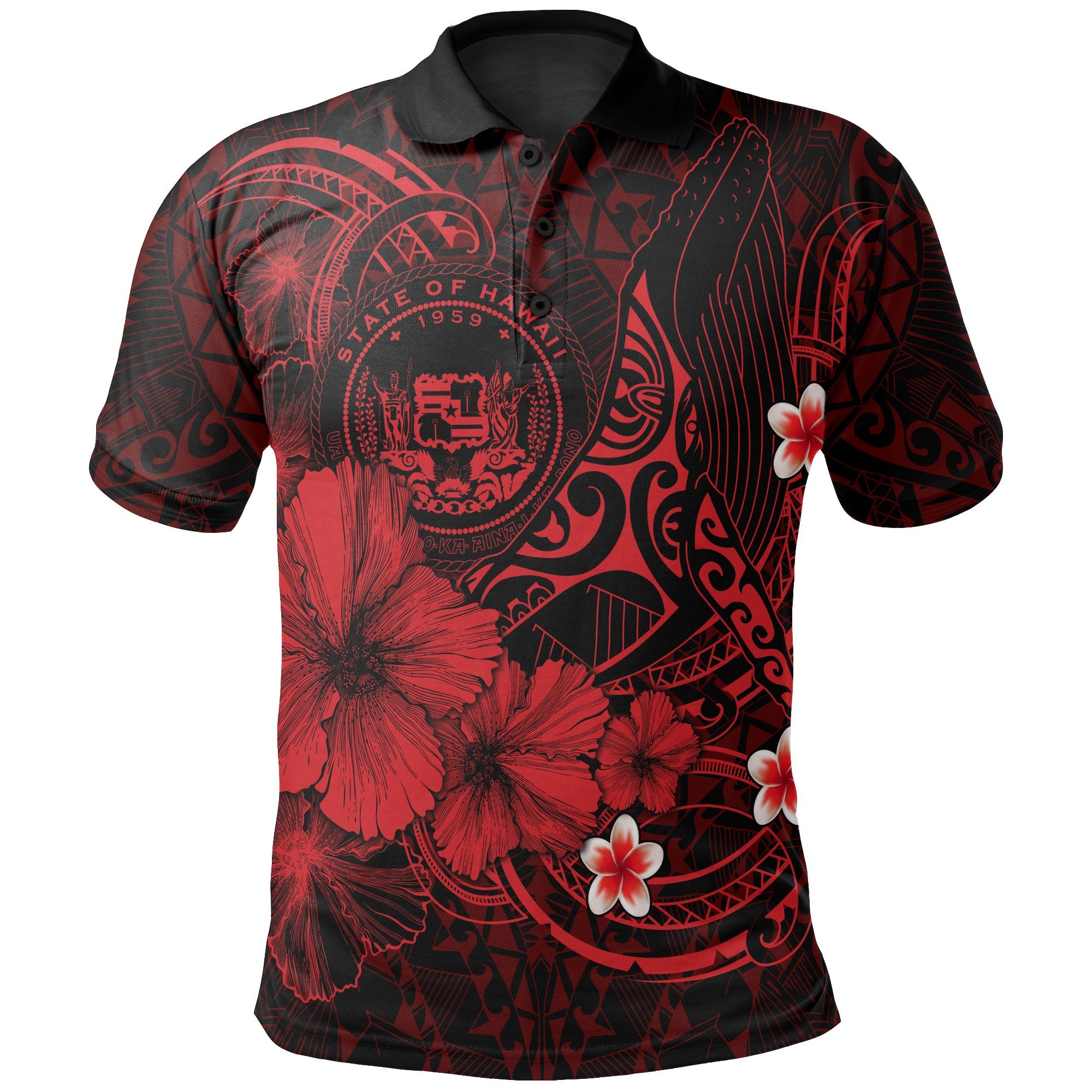 Polynesian Hawaii Polo Shirts – Humpback Whale with Hibiscus (Red) – BN15