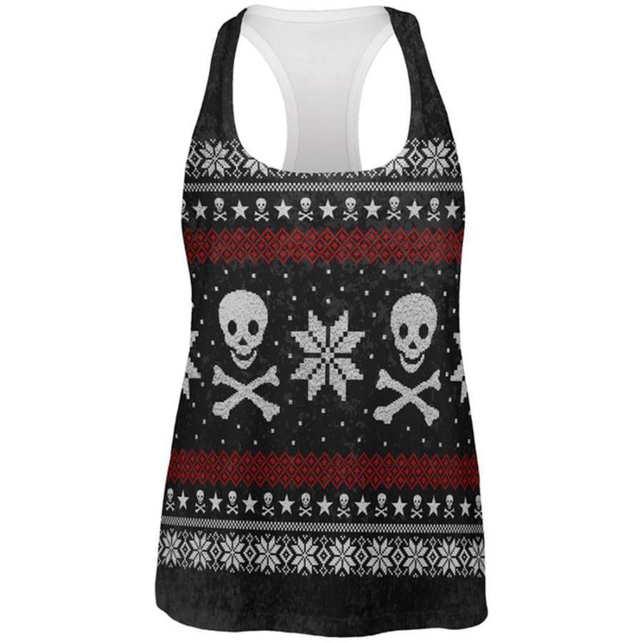 Ugly Christmas Sweater Pirate Skull and Crossbones All Over Womens Work Out Tank Top