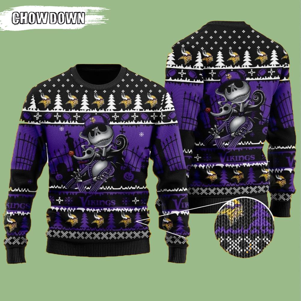 Jack Skellington Halloween Minnesota Vikings Gift For Fan Ugly Wool Sweater Christmas