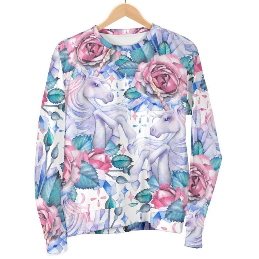 White Fairy Rose Unicorn Pattern Print Men’s Crewneck Sweatshirt