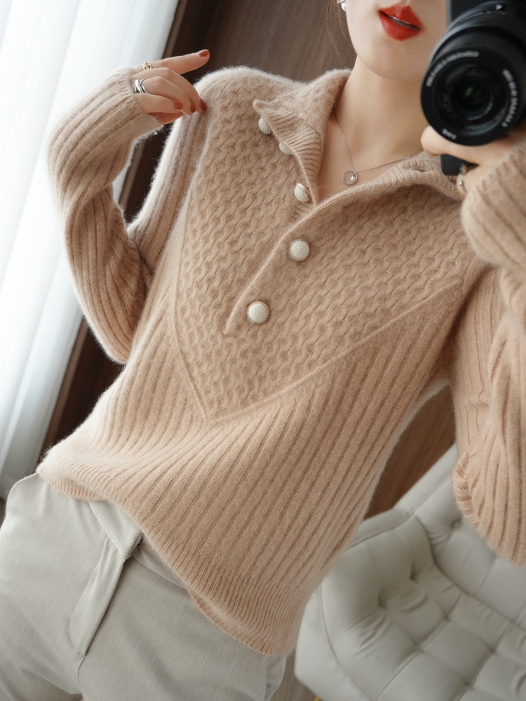 Winter Women’s Half High Collar Pullover Thickened Half Open Pearl Button Wool Sweater N2105 alx