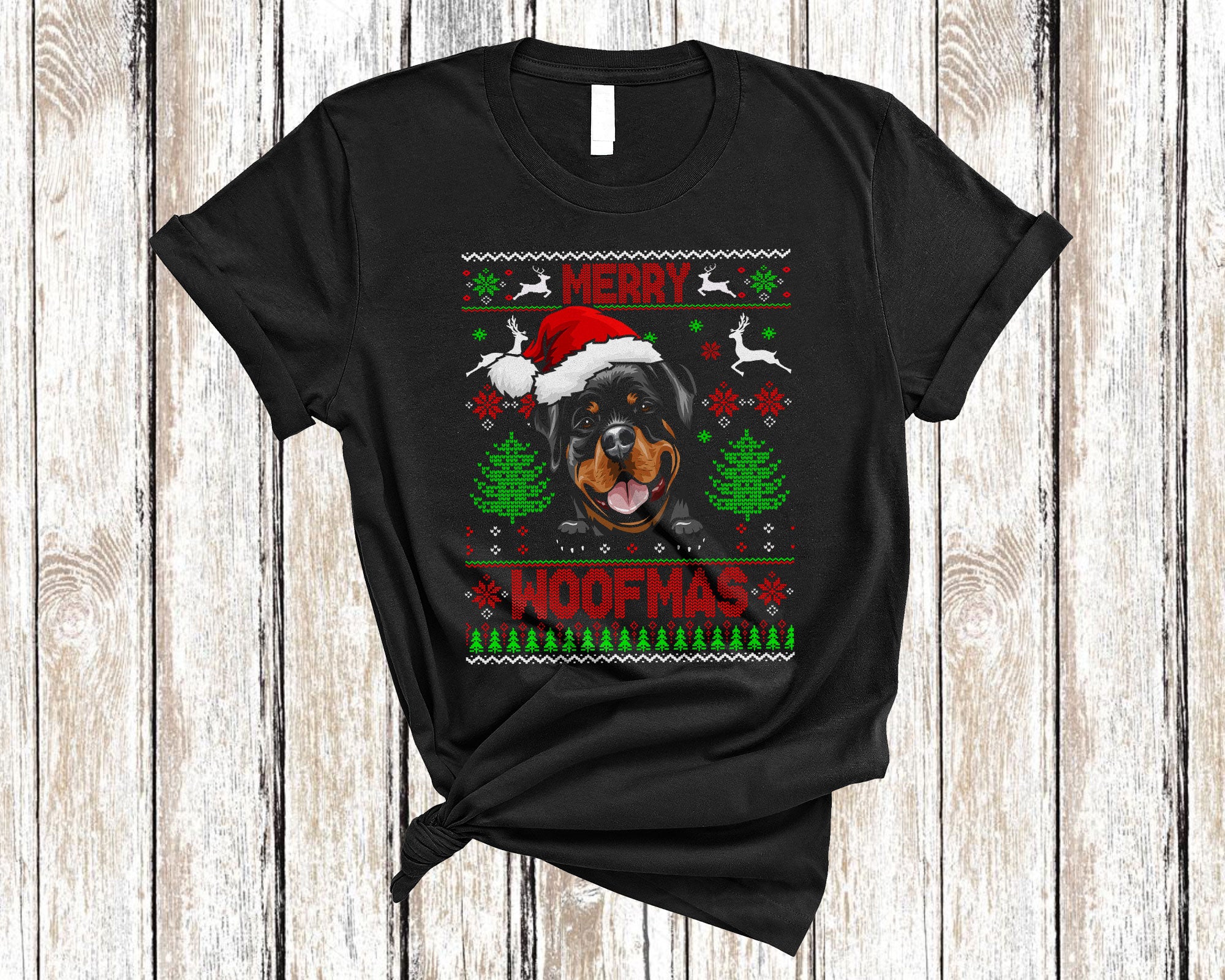 Christmas Dog Shirt Merry Woofmas Funny Ugly Christmas Santa Rottweiler Dog Sweater Gifts T-Shirt