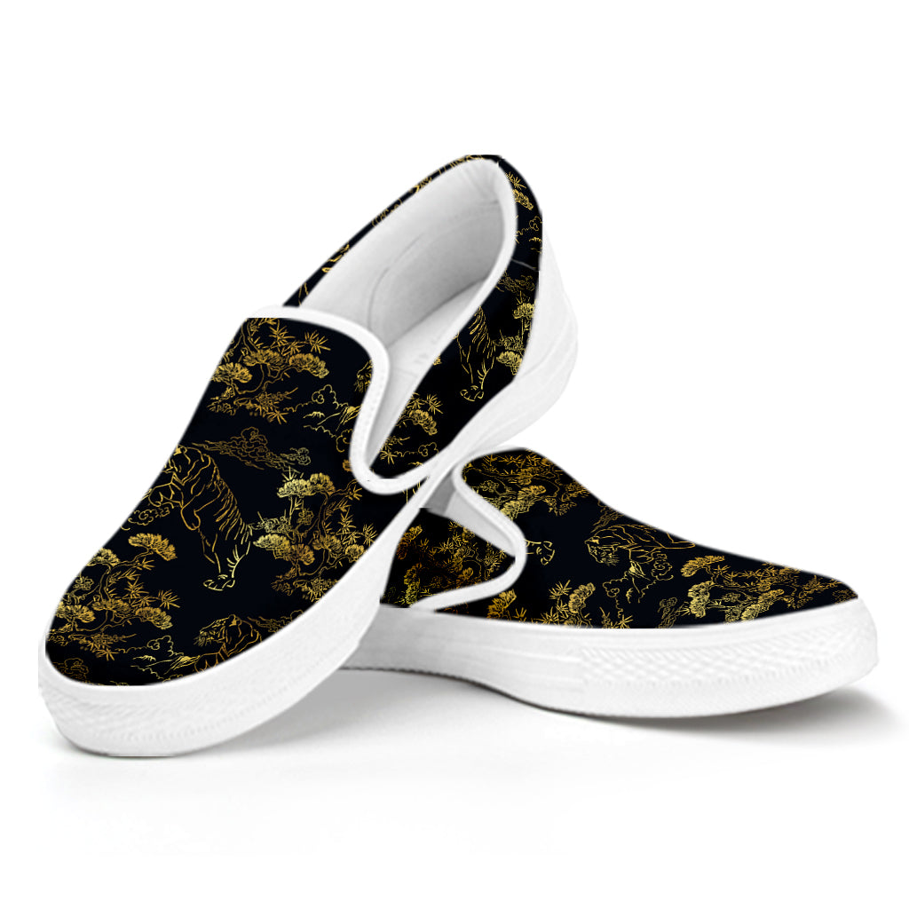 Black And Gold Japanese Tiger Print White Slip On Shoes