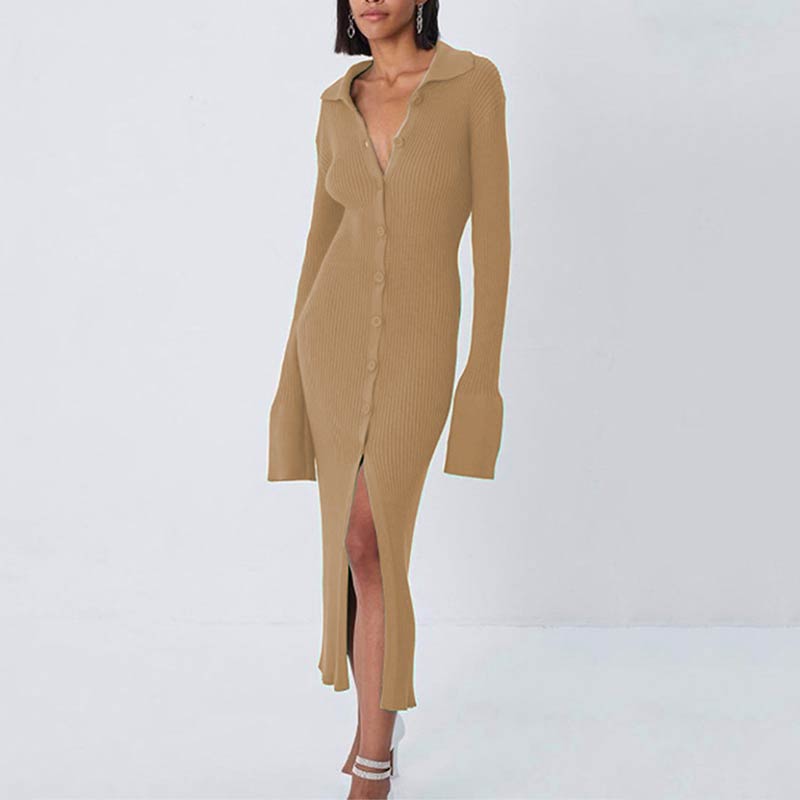 Y2K Women Bodycon Knitted Dress Lady Single Breasted Lanter Sleeve Elegant Female Turn Down Collar Mid Split Slim Dresses Autumn alx