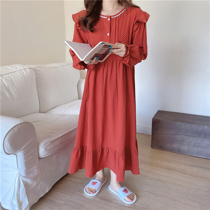 100% cotton nightgowns women homewear dress ruffles long sleeve polka dot home clothes loose soft female nightdress korea Y219 alx