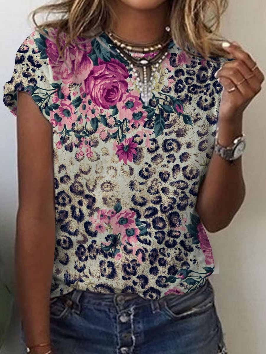 Women’S Casual Leopard Flower Print Crew Neck Short Sleeve T-Shirt