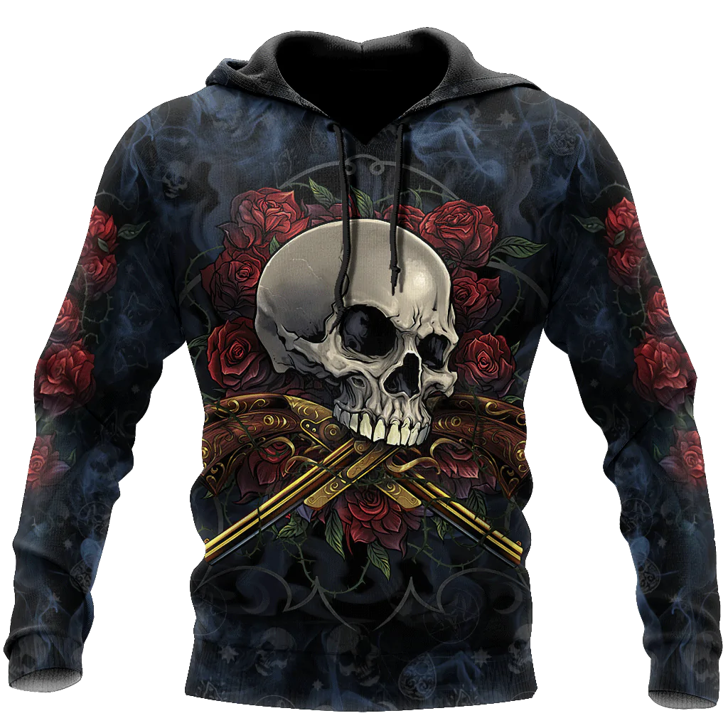 Skull Rose And Bang 3D All Over Printed Hoodie, Winter Skull Clothing, Skull Smoke Hoodie For Dad