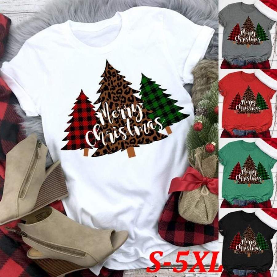 Women’S Fashion Buffalo Plaid Leopard Print Christmas Tree Merry Christmas Print  Holiday Christmas T-Shirt