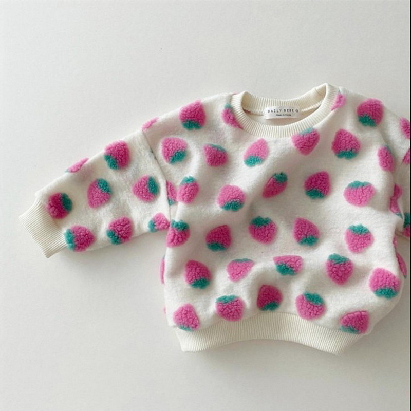 Autumn Girls Sweatshirts Baby Strawberry Lambswool Round Neck Cotton Long Sleeve Pullover Sweatshirts Kids Clothes E22971 alx