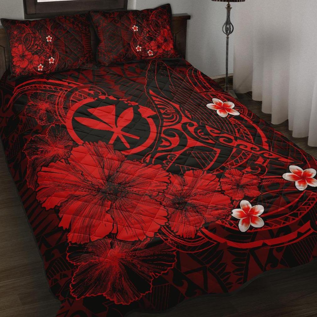 Polynesian Hawaii  Kanaka Maoli Quilt Bed Set – Humpback Whale With Hibiscus (Red)