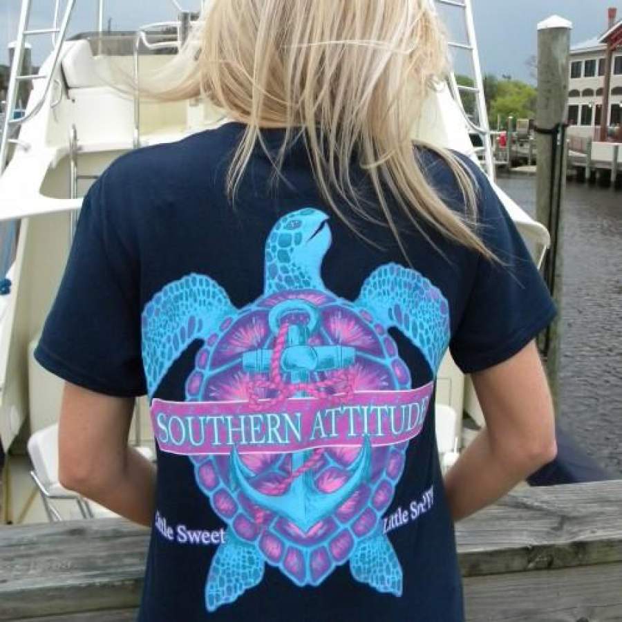 Country Life Outfitters Southern Attitude Snappy Turtle Anchor Bow Navy Vintage Girlie Bright T Shirt