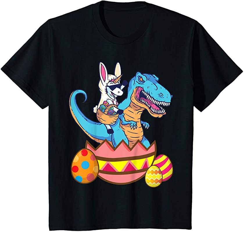 Kids Unicorn Riding T rex Dinosaur Easter Bunny Basket Boys Kids T-Shirt