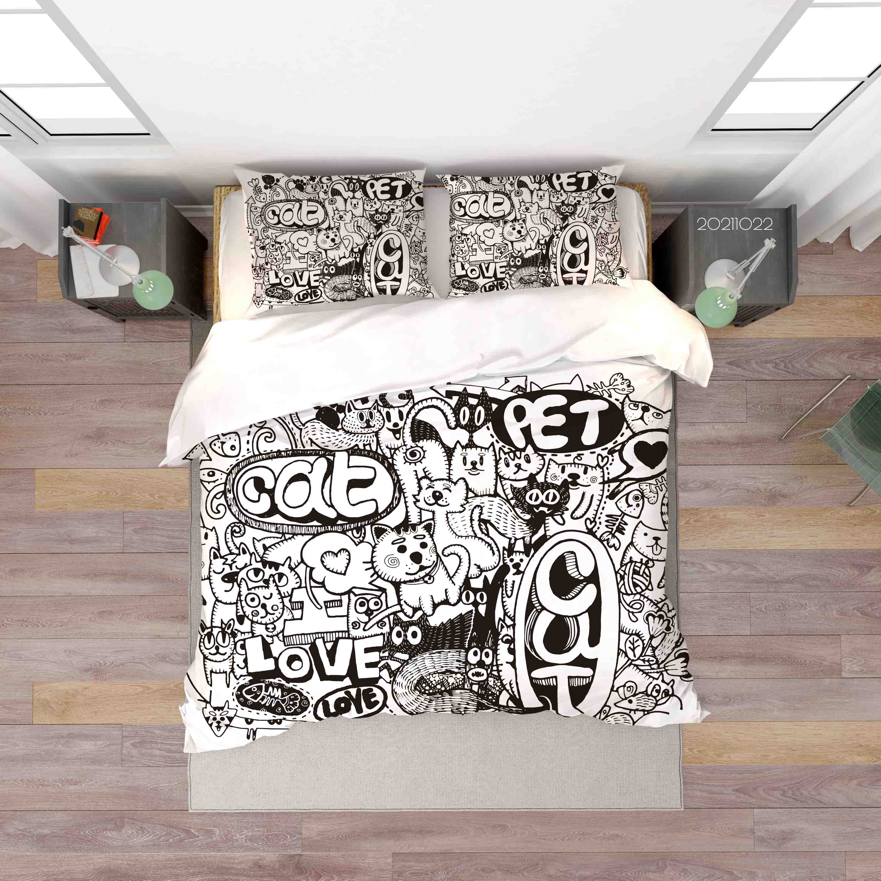 3D Cute Cat Animal Doodle Quilt Cover Set Bedding Set Duvet Cover Pillowcases 50