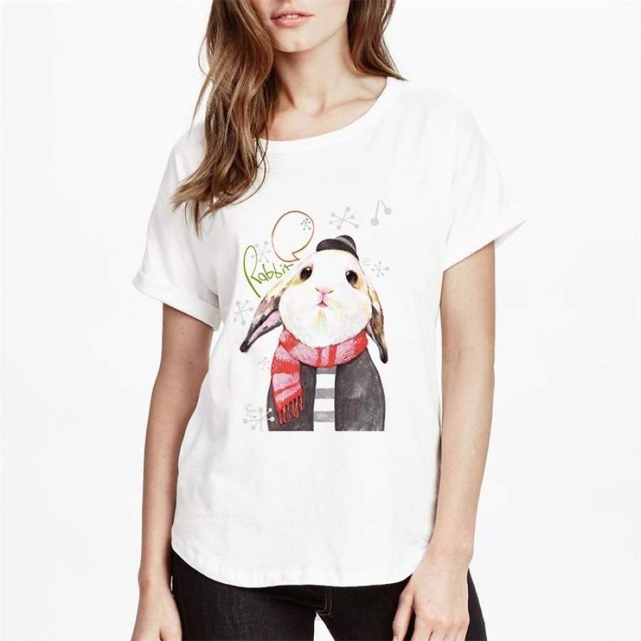 Red Scarf Rabbit Cartoon Printed Lovely Women White T – shirt Basic Tops Girl’s Cute Tee