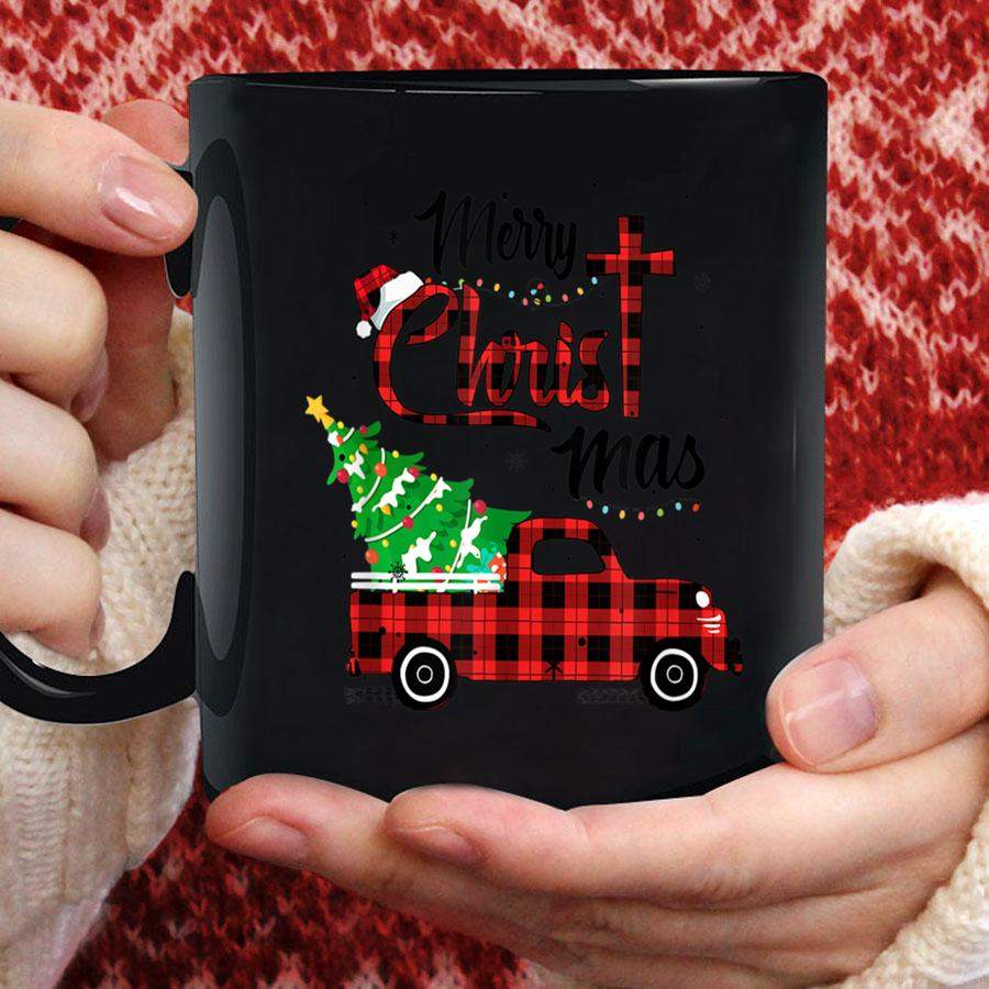 Merry Christmas Buffalo Red Plaid Truck Christian Cross Xmas T Shirt