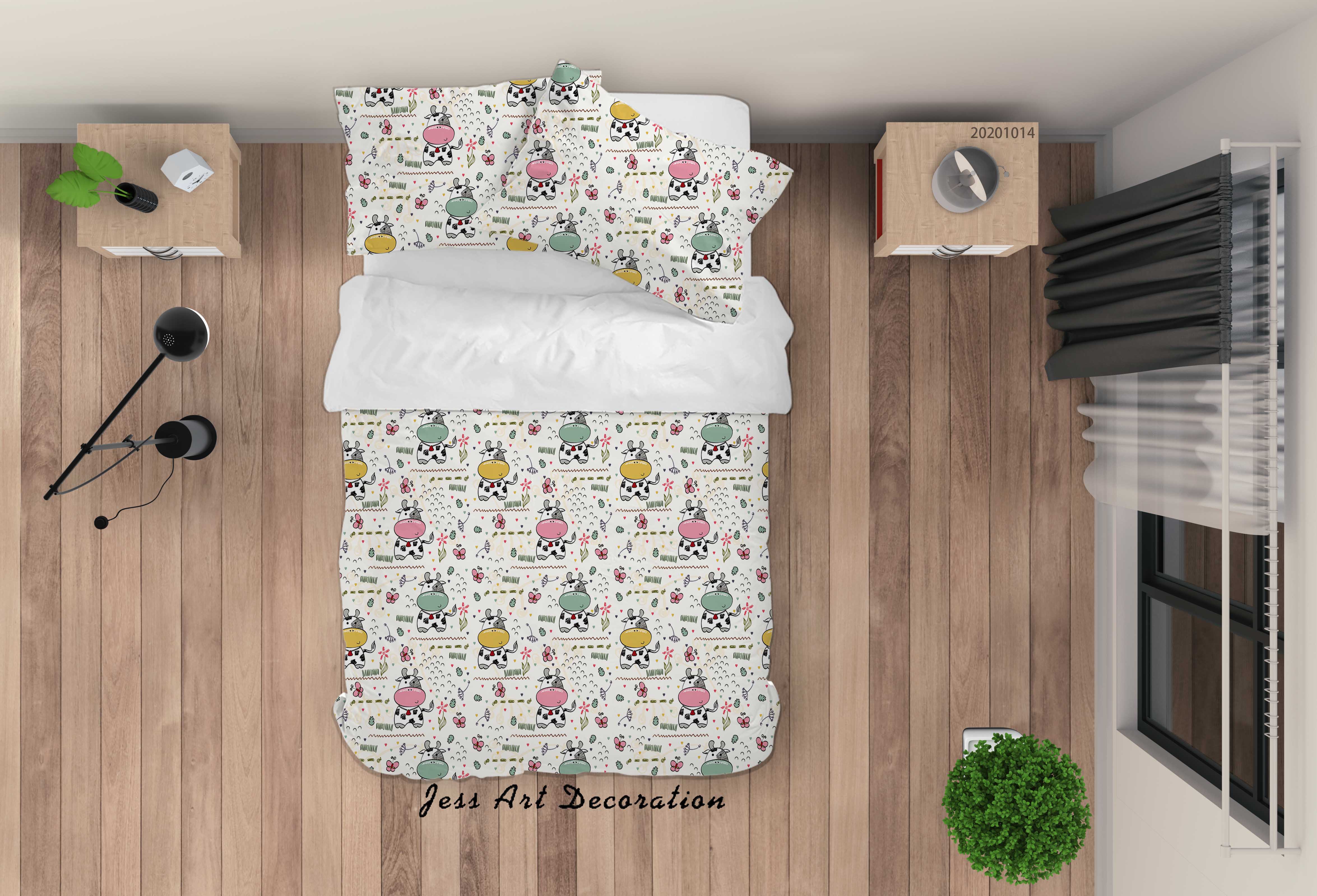 3D Cartoon Animal Cow Flowers Pattern Quilt Cover Set Bedding Set Duvet Cover Pillowcases Wj 9714