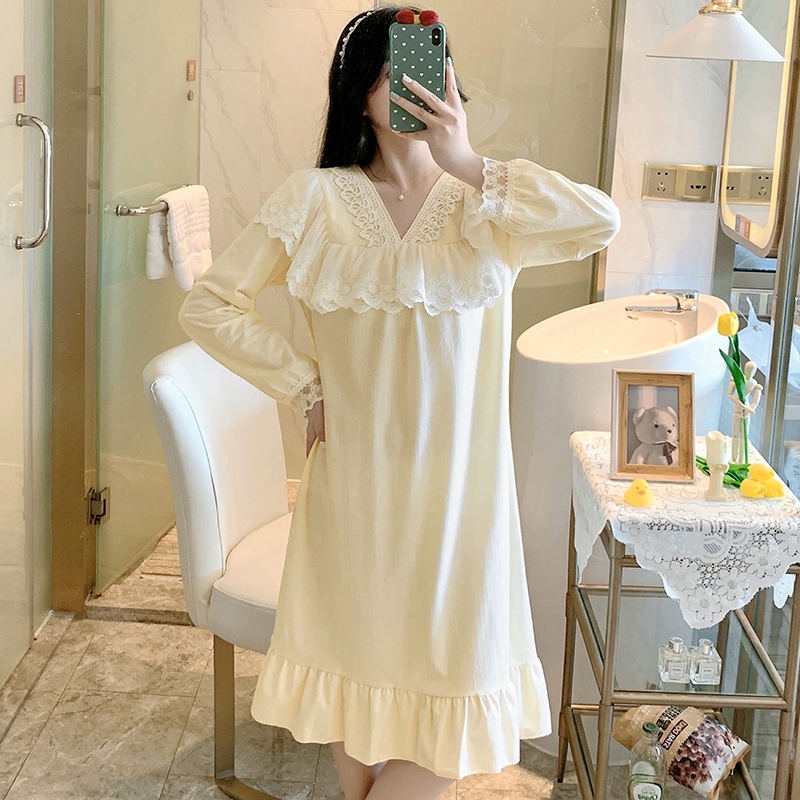 2022 Autumn Sweet Princess Sexy Lace V-neck Cotton Nightgowns for Women Long Sleeve Sleepwear Night Dress Nightdress Home Nighty alx