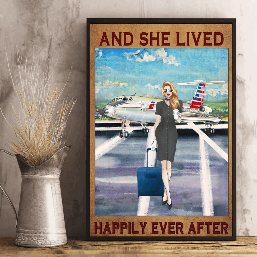 Airplane And Flight Attendant Poster – And She Lived Happily Ever After Canvas Home Décor Birthday Christmas Thanksgiving Gifts For Women Girls Friend – Gigo Smart