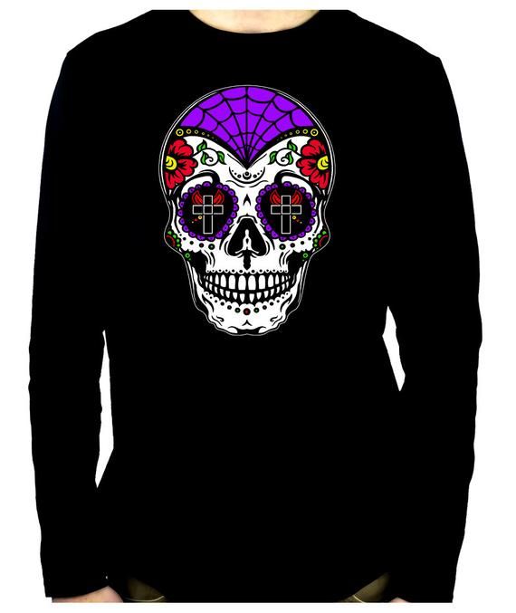 Yellow Sugar Skull Long Sleeve Shirt Dia De Los Muertos Day Of The Dead Mss 030 Wht