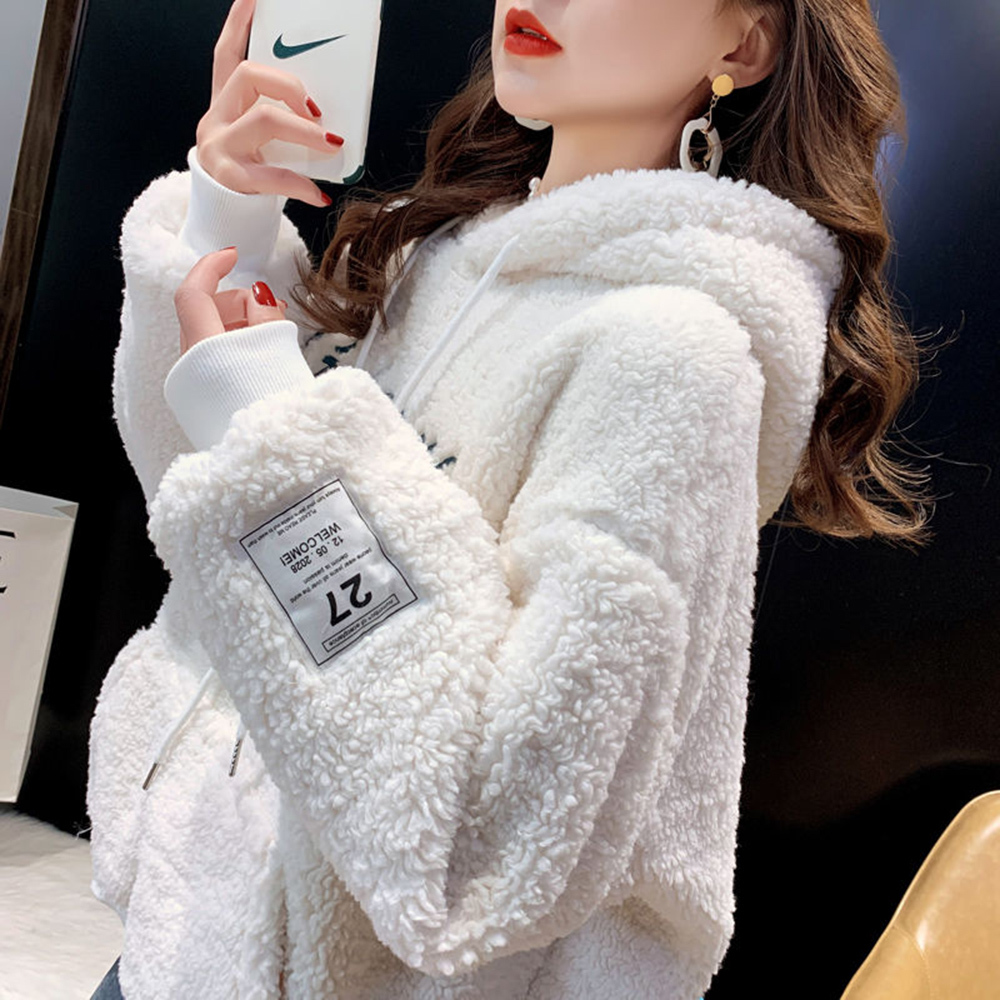 2021 Winter Warm Faux Lamb Fur Oversize Orange Hoodie Casual Women Fleece Sweatshirt Crop Top Loose Pullover Sweat Femme Pink alx