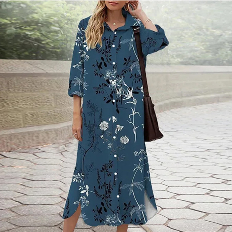 Autumn Women Harajuku Print Shirt Dress Casual Single-Breasted Loose Maxi Dress Vintage Long Sleeve Street Shirts Dress Vestidos alx