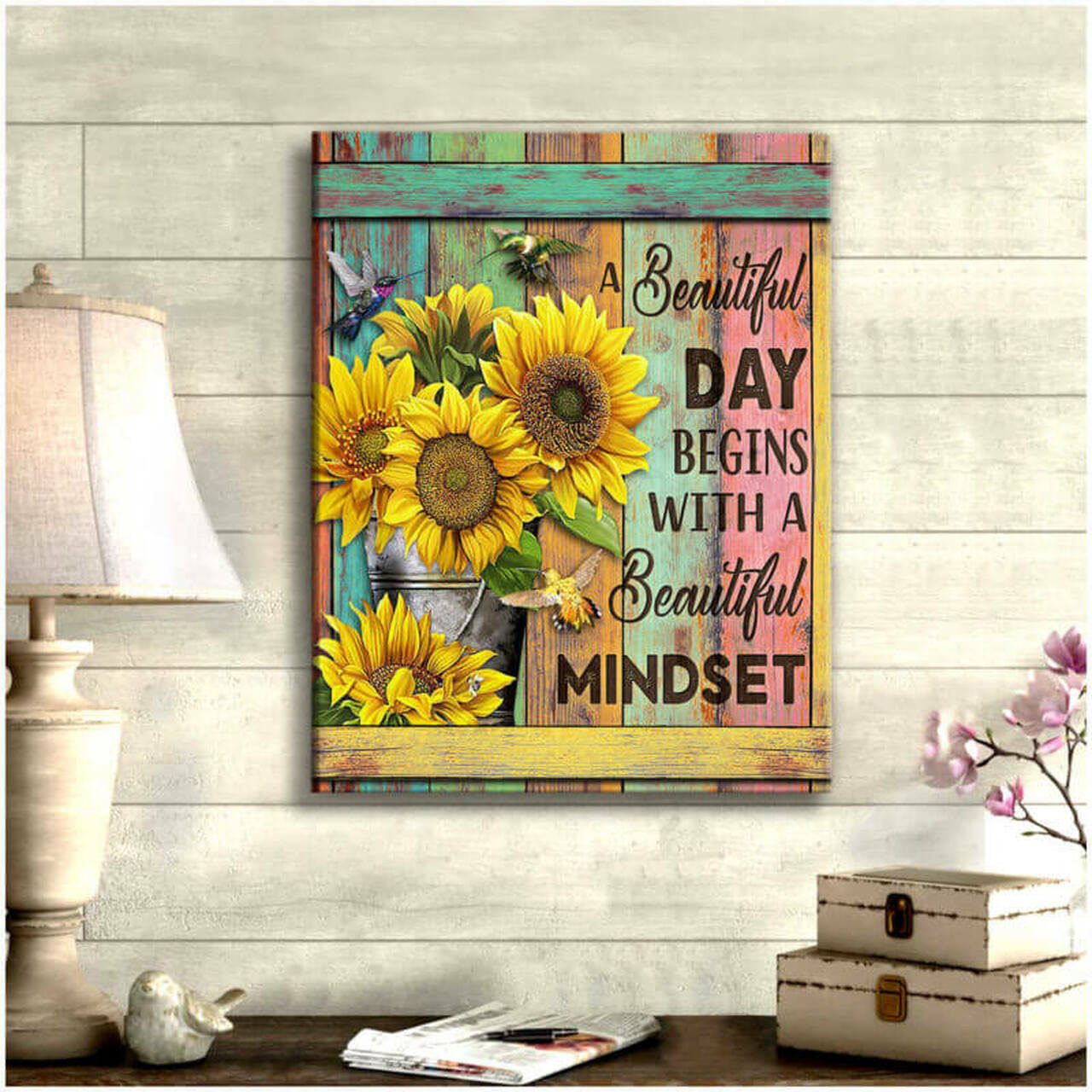 A Beautiful Day Begins With A Beautiful Mindset Inspirational Hummingbird Canvas Wall Art Decor