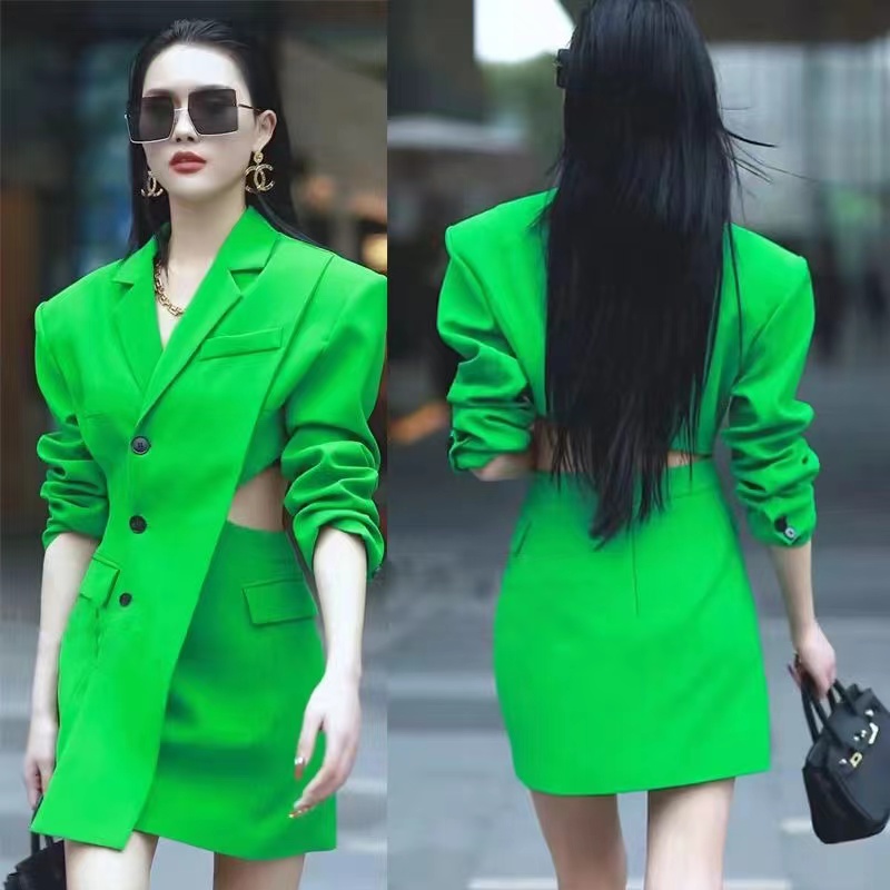 y2k New Luxurious One piece Green Sexy Dresses Fashion Open Waist Suit Dress jacket Summer Dress 2023 Woman vetement femme alx