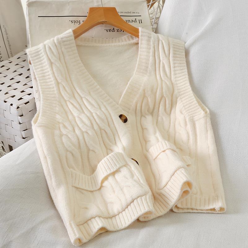 Sweater Vest Women All Match V-Neck Pockets Elegant Female Soft Loose College Single Breasted Soild Basic Ulzzang Fall Leisure alx