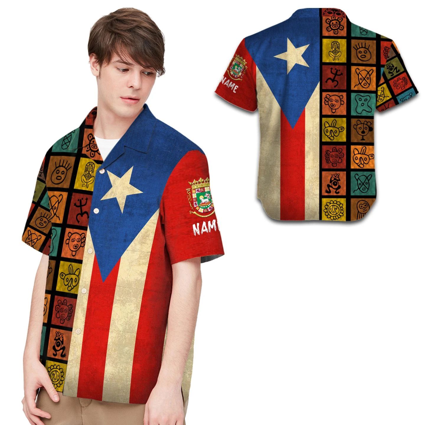 Puerto Rico Vintage Taino Symbols Custom Name Men Hawaii Shirt Ha66634