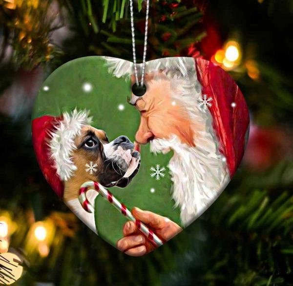 Boxer And Santa Claus With Candy Cane Heart Shape Ornament