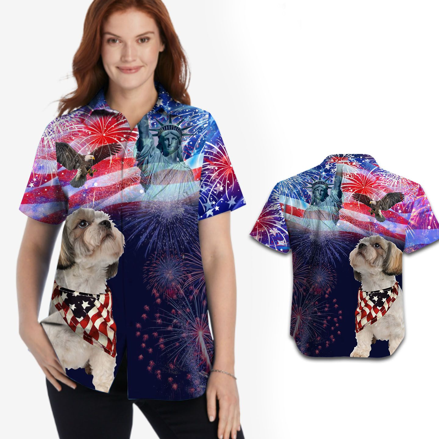 Shih Tzu Fireworks American Independence Day Women Hawaii Shirt Ha20894