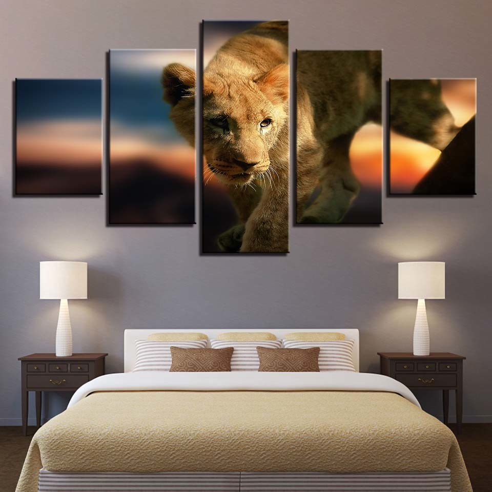 Wild Animals Lion 5 Piece Hd Multi Panel Canvas Wall Art Frame