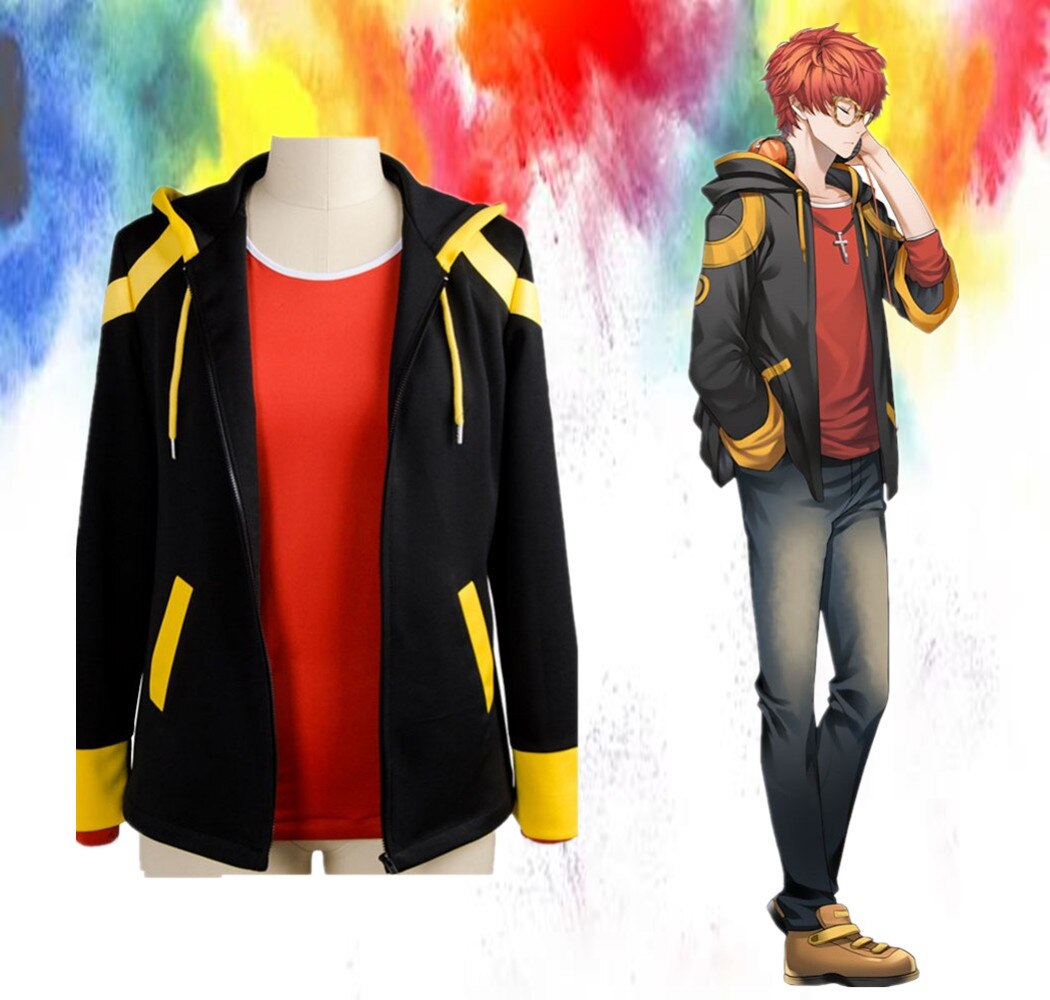 707 Cosplay Costume Mystic Messenger Saeyoung Choi Cosplay Zipper Jacket Luciel Seven Hoodies 707 Red T-shirt Short Orange Wig alx