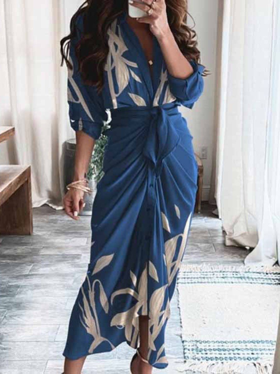 Elegant V-Neck Wrap Print Dress