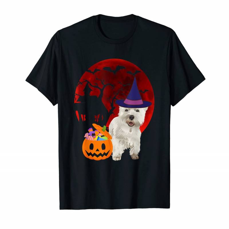 West Highland Dog With Witch Hat Candy Pumpkin Halloween T-shirt