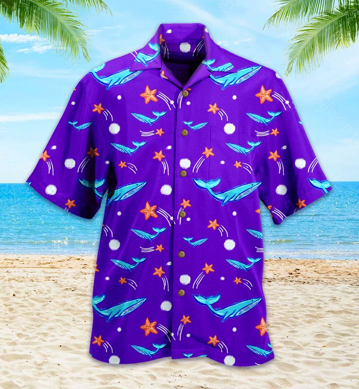 Whale And Starfish Cute Violet Hawaiian Shirt 3D Hawaiian Shirt