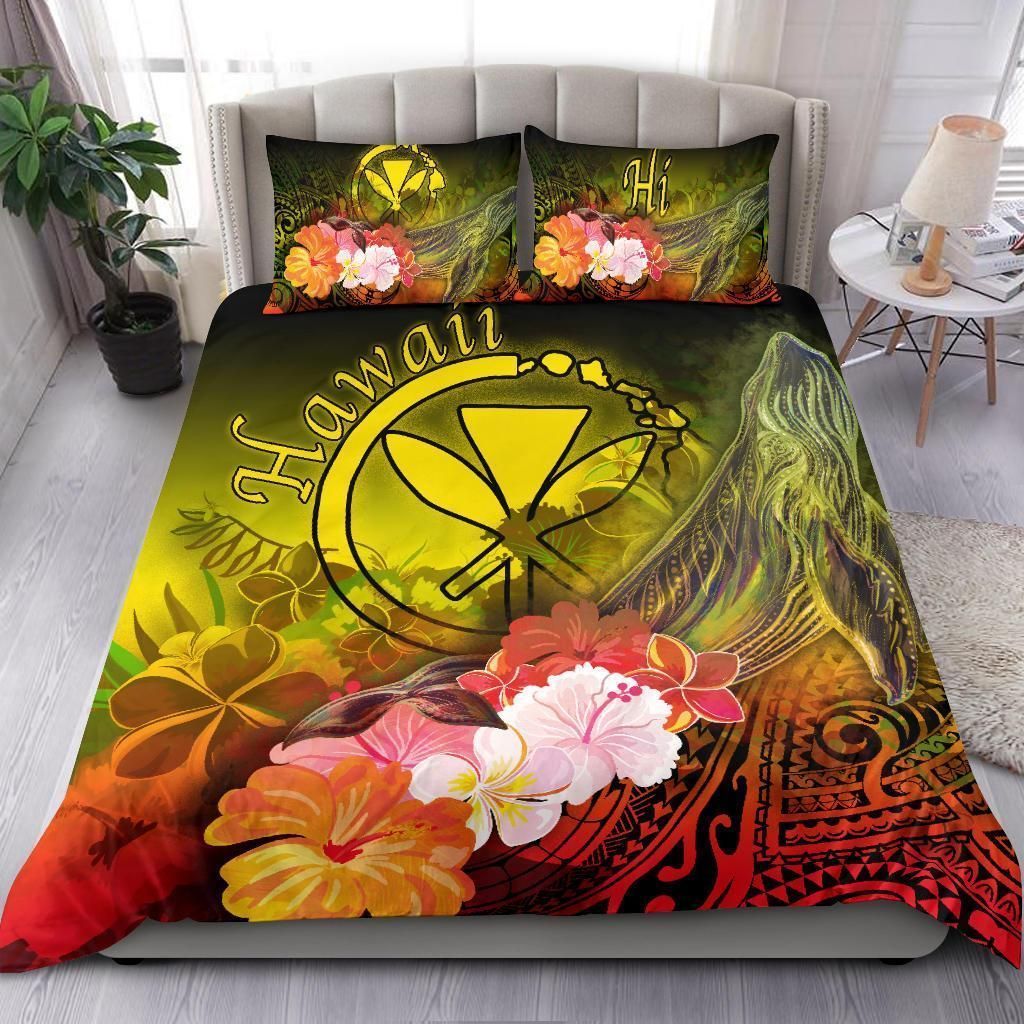 Alohawaii Bedding Set – Cover And Pillow Cases Polynesian Hawaii – Kanaka Maoli Humpback Whale With Tropical Flowers (Yellow)- Bn18