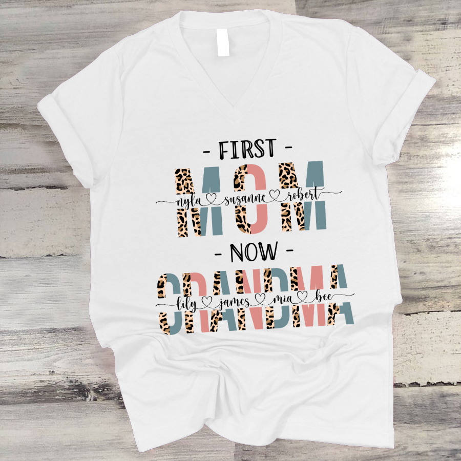 Personalized First Mom Now Grandma Leopard V-Neck