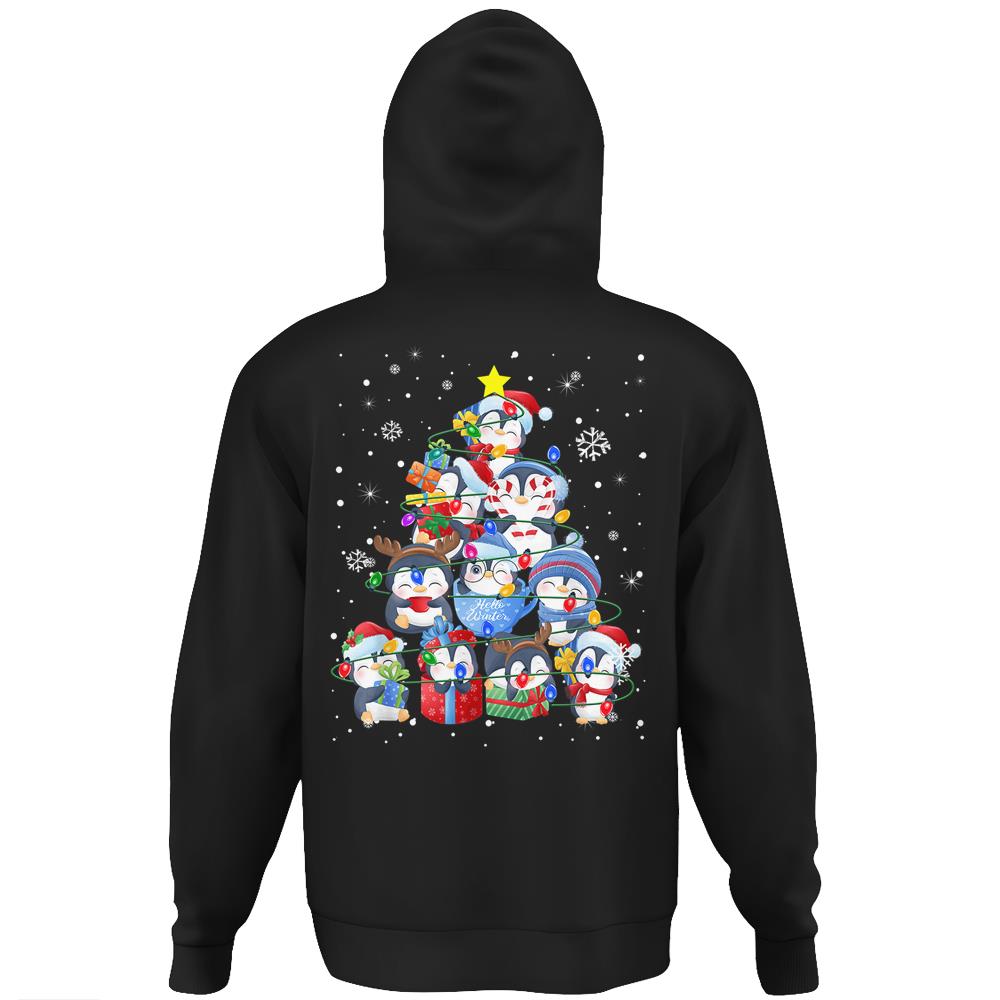 Cute Penguin Christmas Tree Gift Decor Xmas Tree Hoodie Print On Back