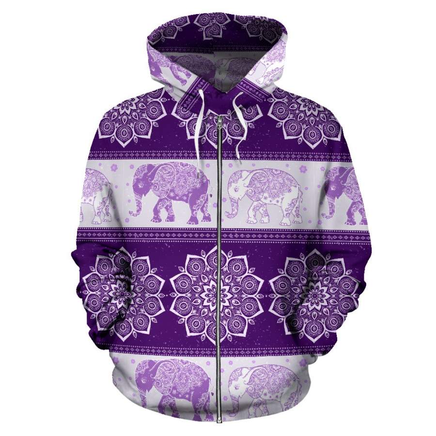 Flower Mandala Elephant Purple Premium All Over Print Zip-up Hoodie