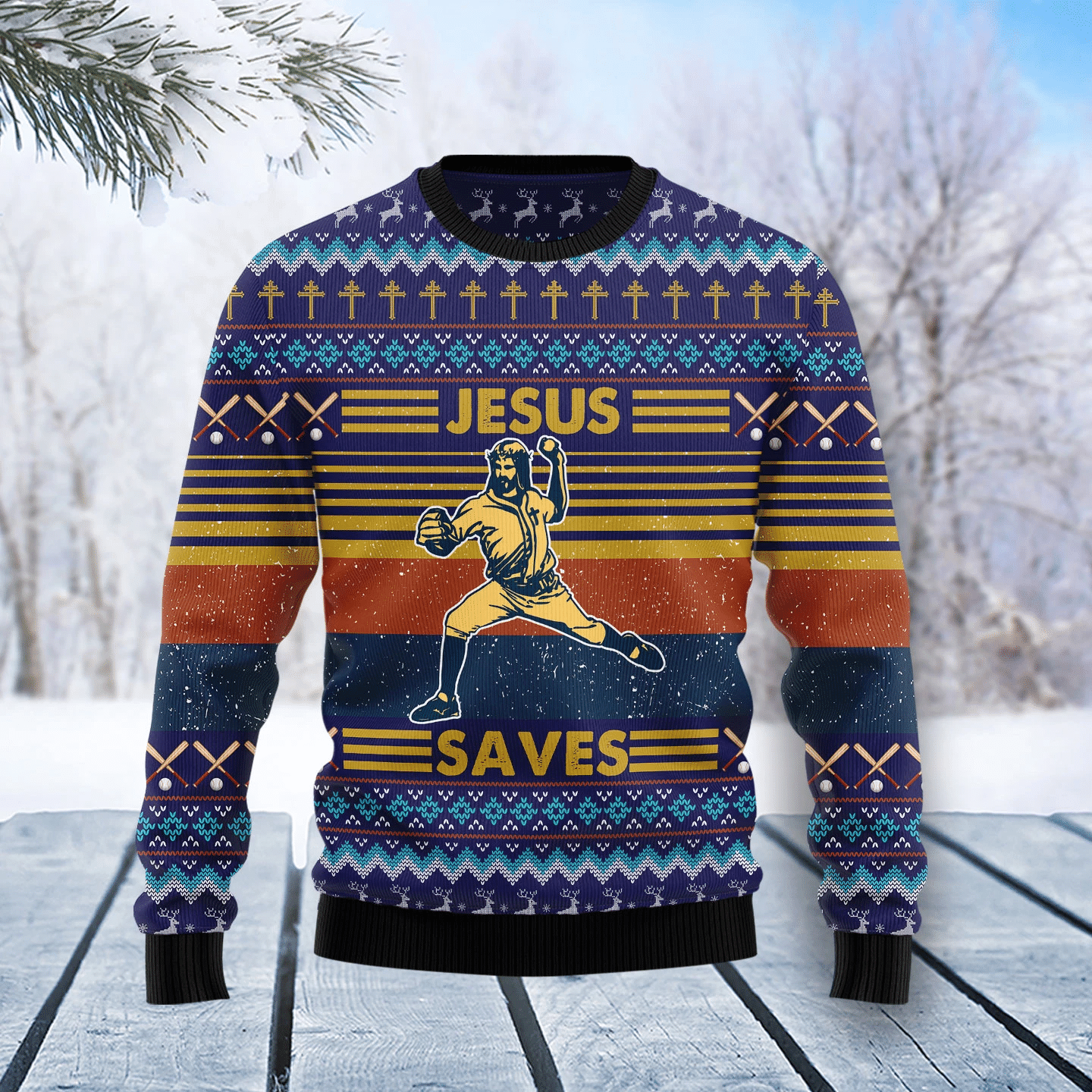 Baseball Jesus Save Christmas Ugly Sweater