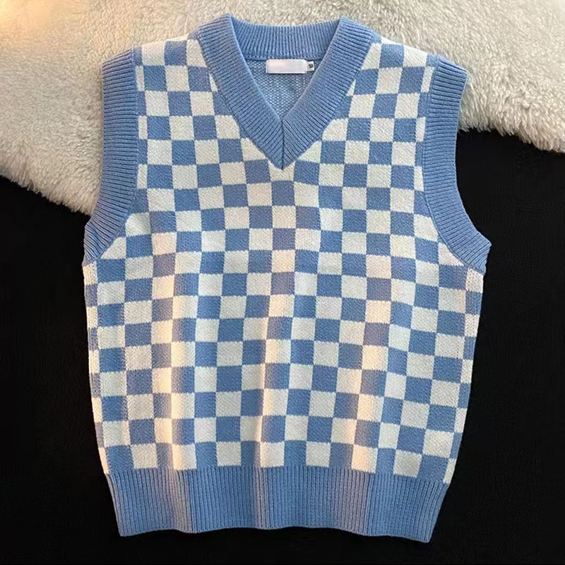 2022 New Checkerboard Sweater Vest Knitted V-neck Geometric Pattern Sweater Green Sleevess Pullover Jumper Truien Dames 23255 alx