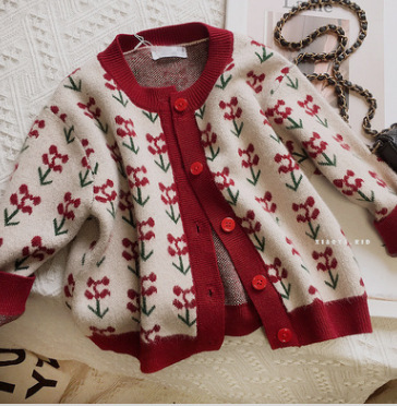 Children’s sweater spring and autumn girls cherry cardigan children’s sweater small fragrance cute knit sweater alx