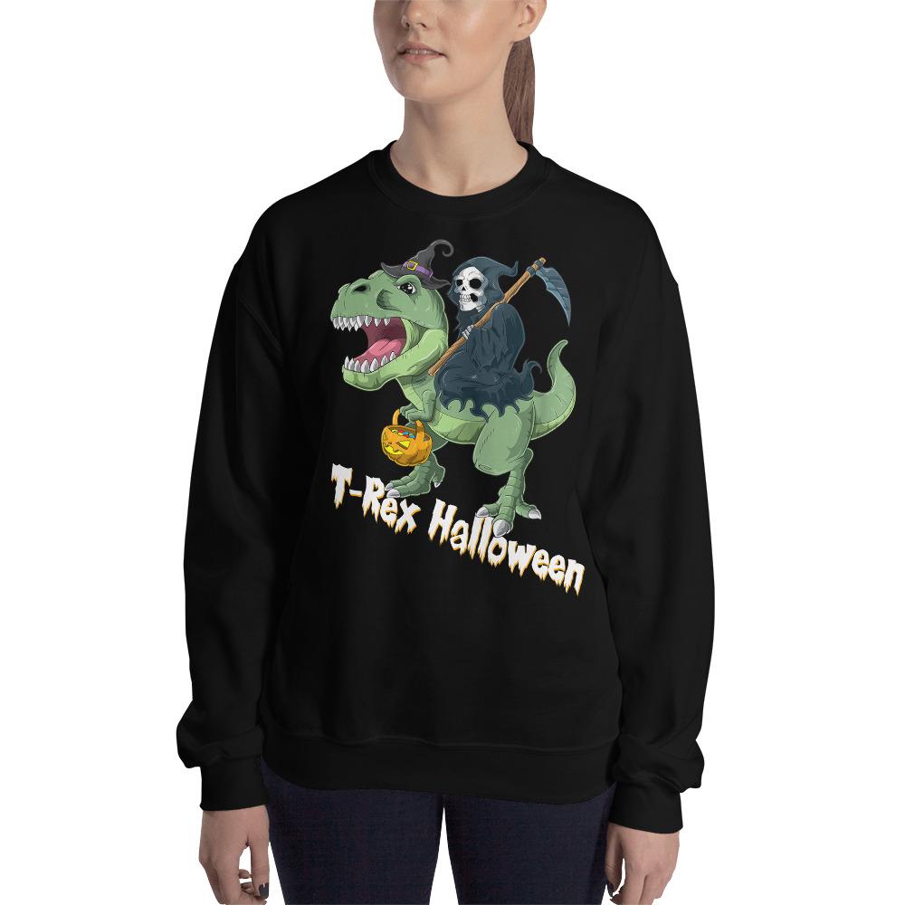 Funny Grim Reaper And T-Rex Halloween Womens Halloween Sweatshirts Halloween Sweatshirt Plus Size