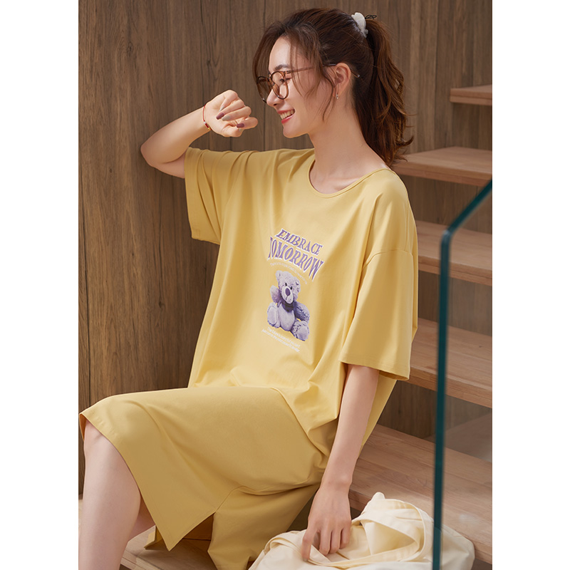 Summer Letter Pattern Night Dress Women Big Yards 3XL Nightgown Cartoon Bear Sleep Shirts Short-sleeve Nightie Cotton Sleepwear alx